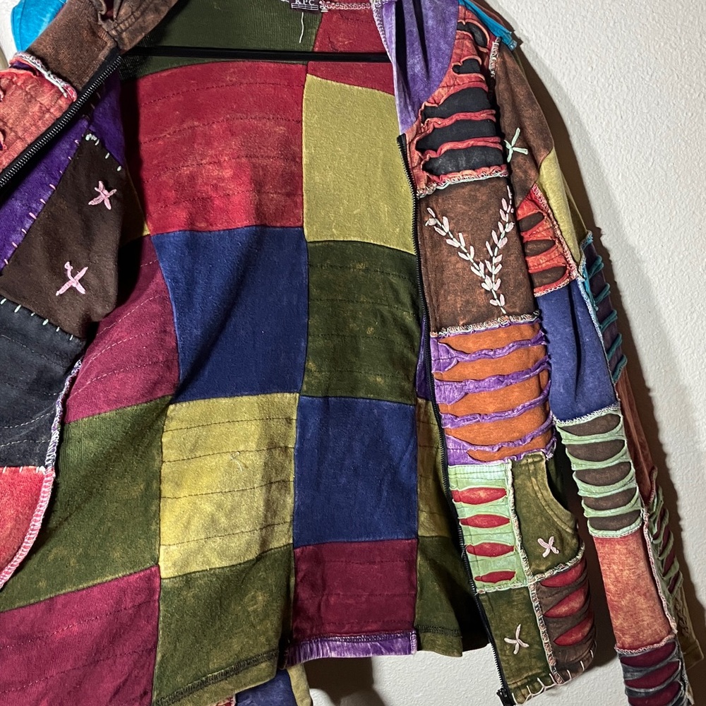KPC Colorful Boho Gypsy Patchwork Zip Jacket Liripipe Style Hood & Front Pockets - Picture 6 of 8